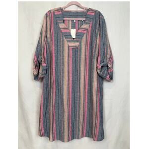 Foxcroft NYC NWT Striped Linen Tunic Dress SZ 24W Plus Blue Pink Roll Tab Sleeve